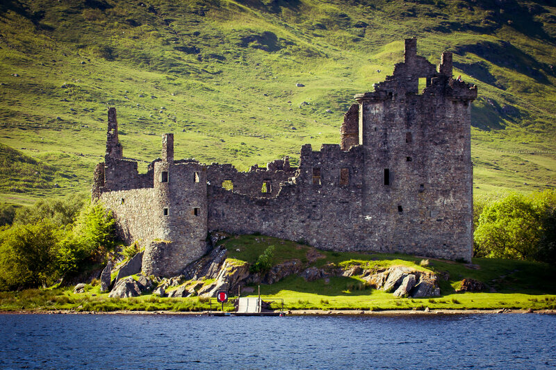 Ruined Stone Castle — Green, Serene, Afternoon, Photograph, Lake