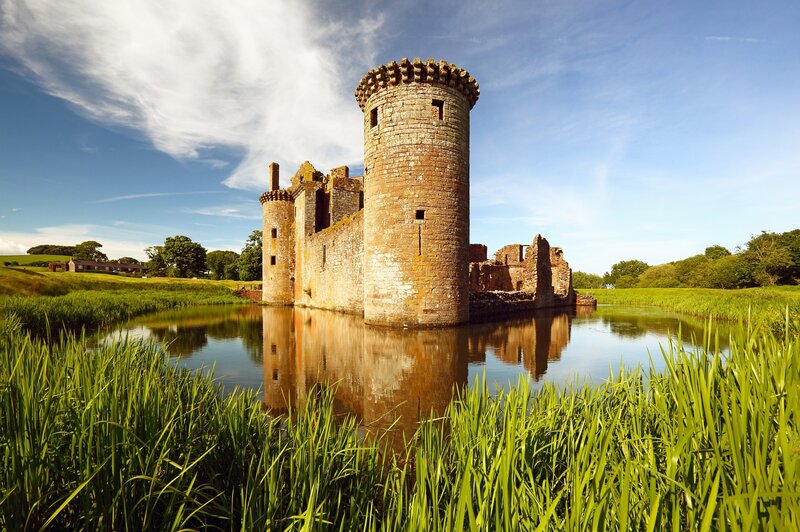 Ruined Stone Castle — Green, Serene, Afternoon, Photograph, Moat, Grass, Sky