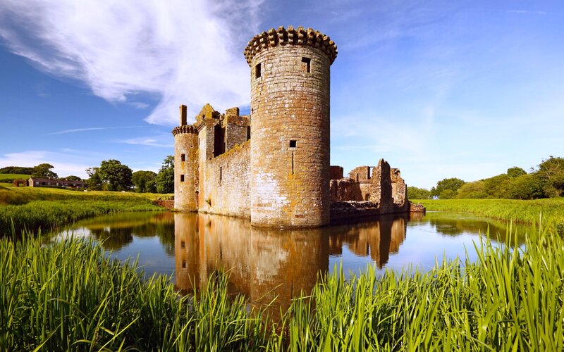 Ruined Stone Castle — Green, Serene, Afternoon, Photograph, Moat, Grass, Trees