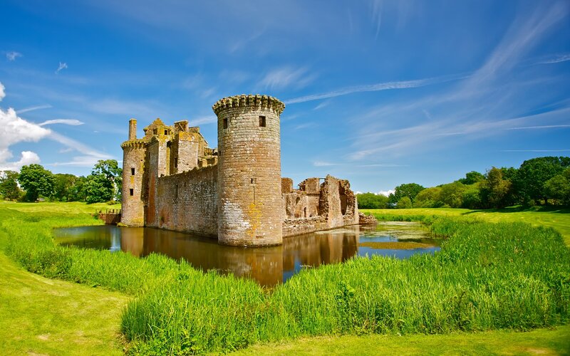 Ruined Stone Castle — Green, Serene, Afternoon, Photograph, Moat, Trees