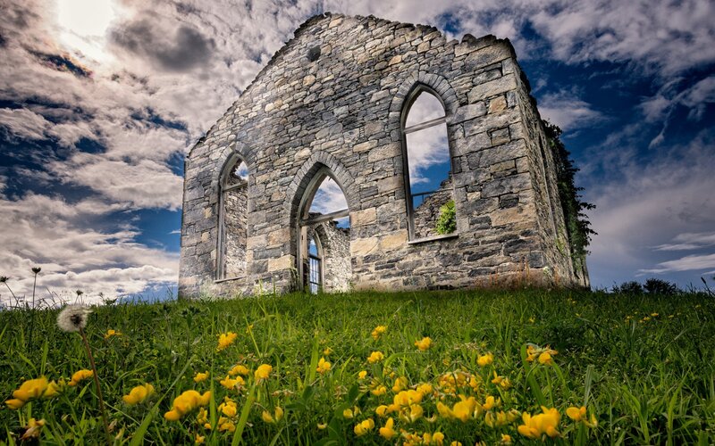 Ruined Stone Church — Green, Dramatic, Afternoon
