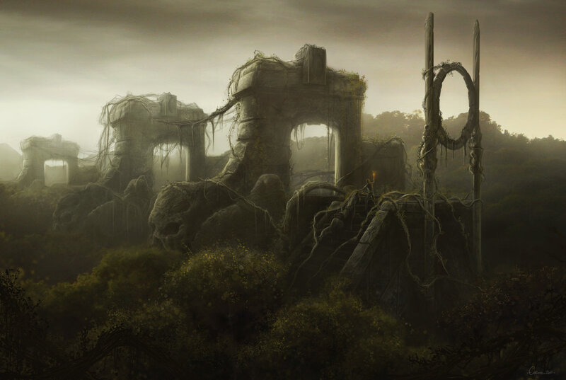 Ruined Stone Structure — Green, Dramatic