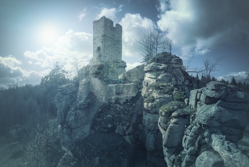 Ruined Stone Tower — Gray, Dramatic, Afternoon