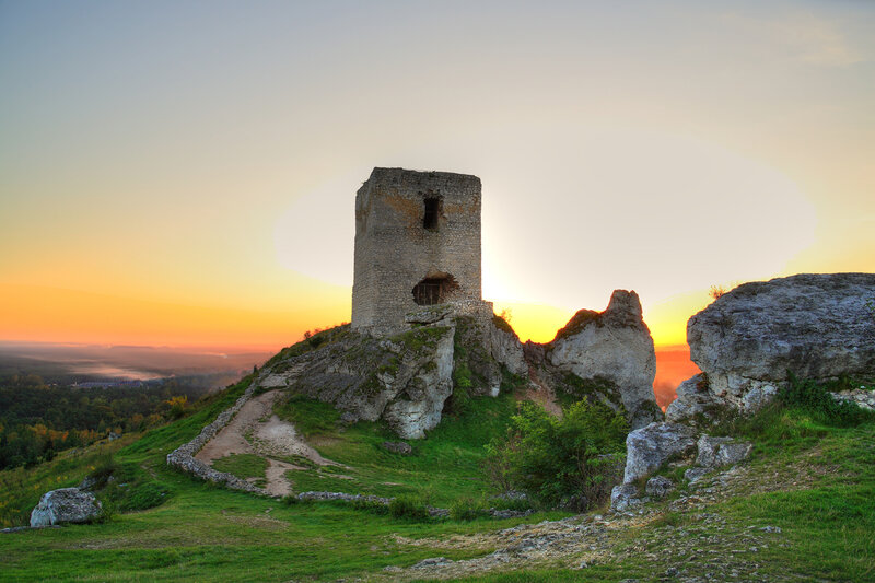 Ruined Stone Tower — Green, Serene, Sunrise