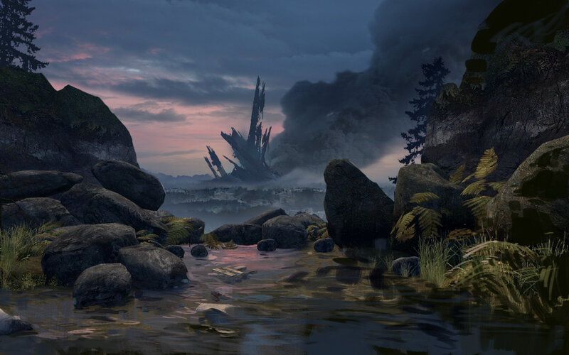 Ruined Structure in Forest — Gray, Dramatic