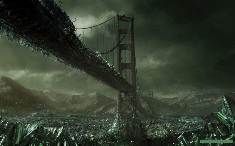 Ruined Suspension Bridge — Green, Dramatic, Digital Art, Mountains, Sky, Crystals