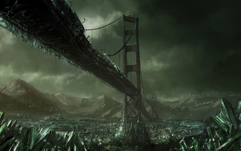 Ruined Suspension Bridge — Green, Dramatic, Digital Art, Mountains