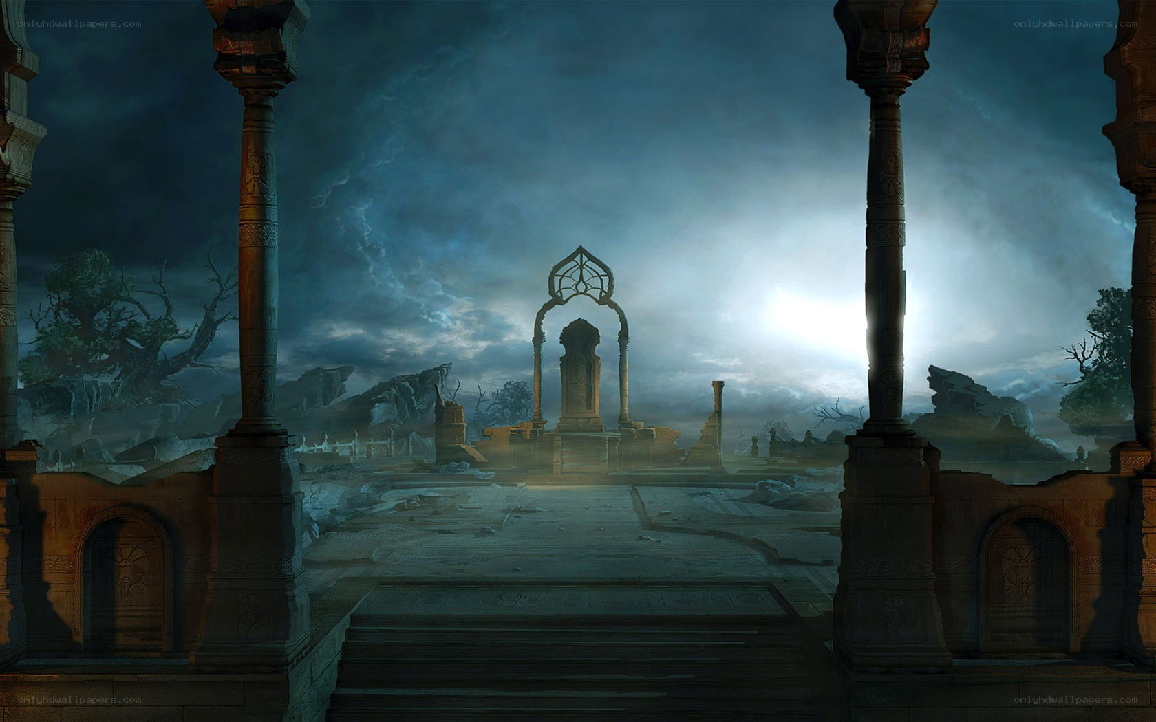 ruined temple at dusk
