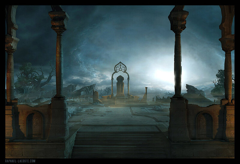 ruined temple at dusk