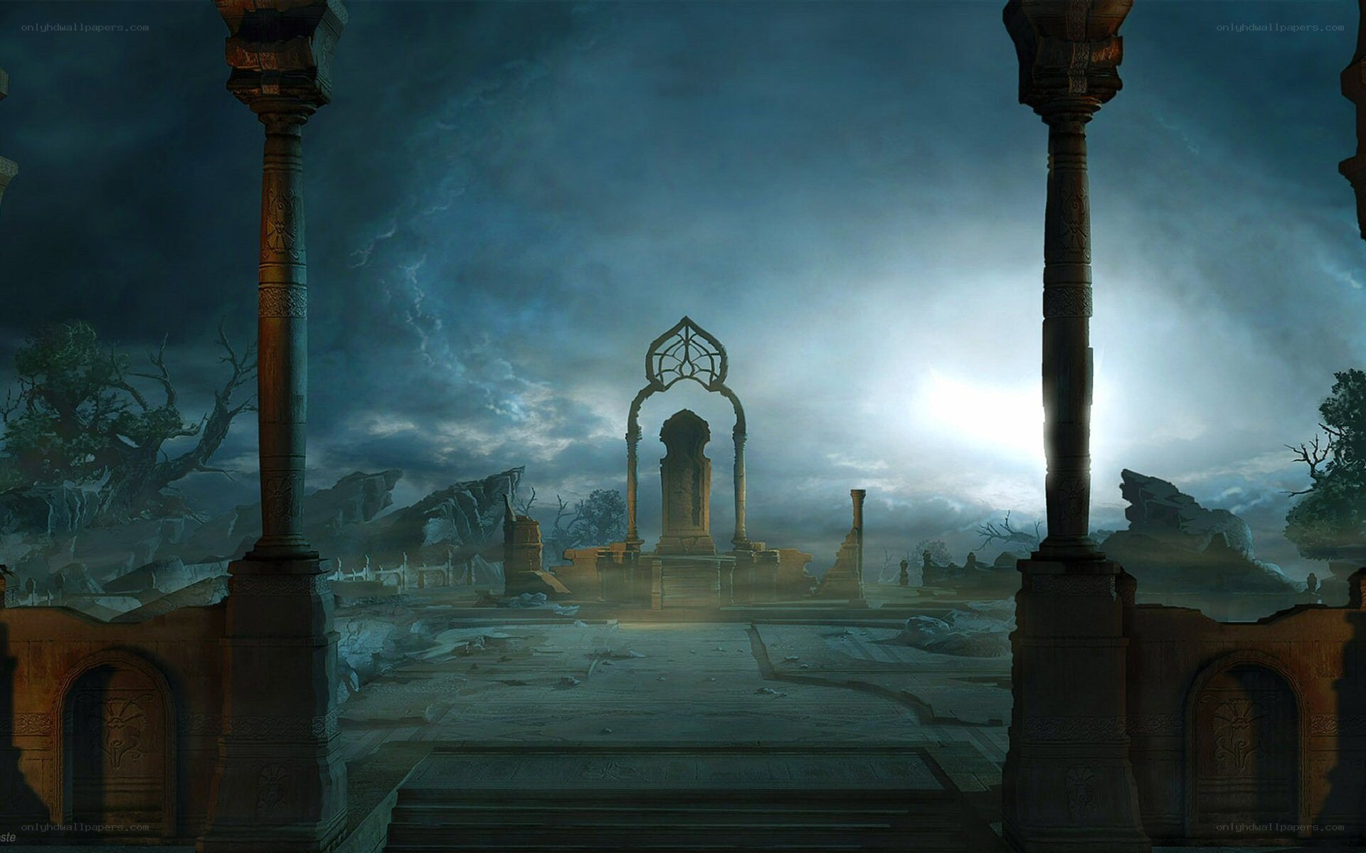 ruined temple at dusk