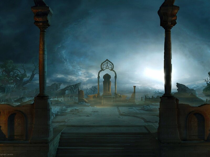 Ruined Temple at Night — Blue, Dramatic