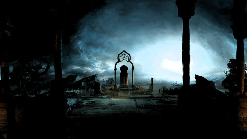Ruined Temple at Night — Blue