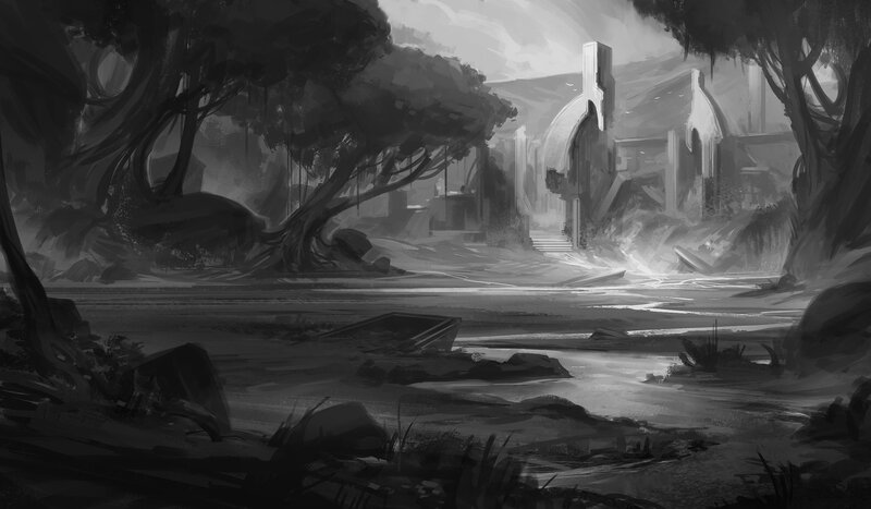 Ruined Temple in Forest — Black