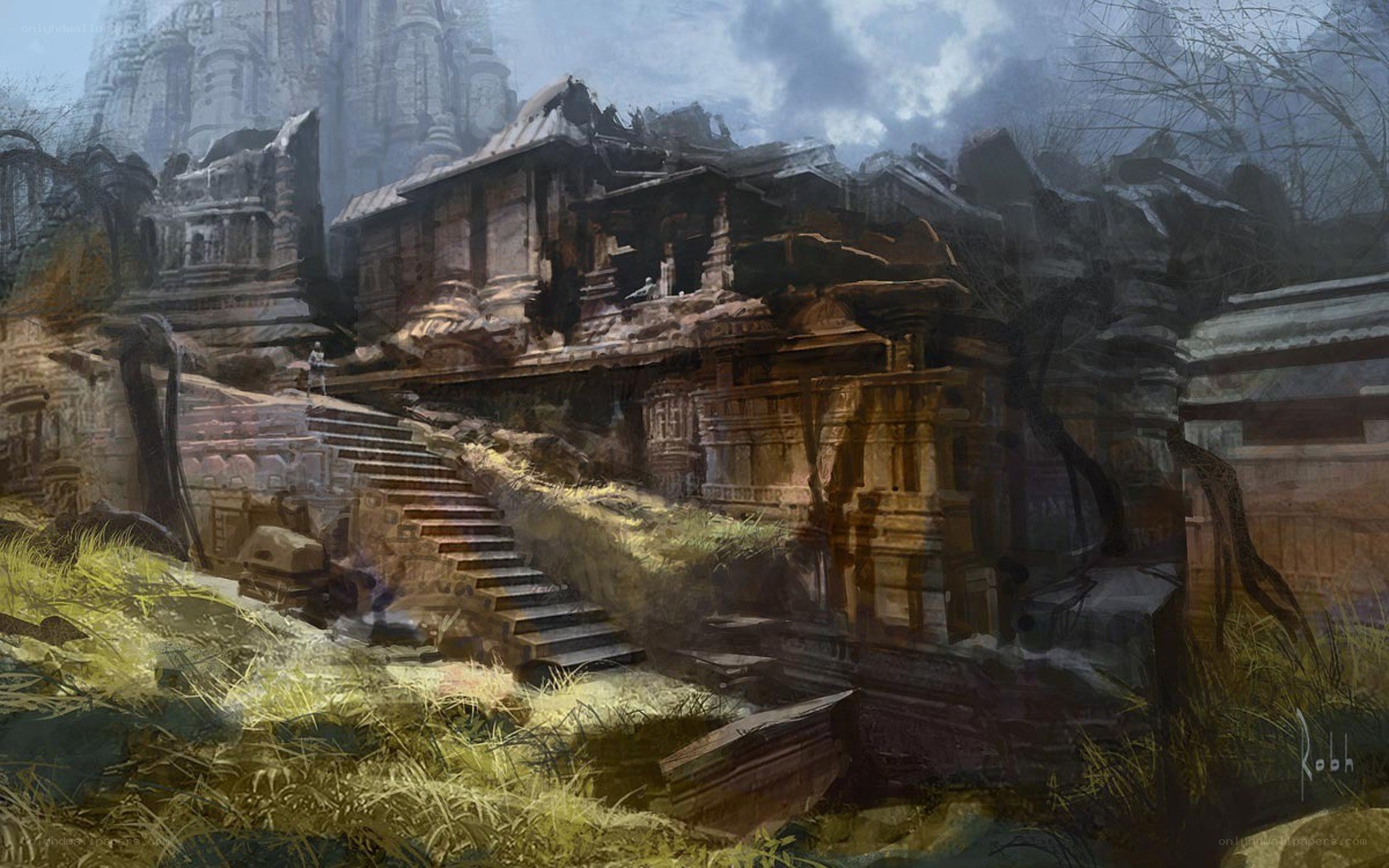 Ruined temple in misty forest
