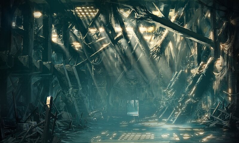 Ruined Temple Interior — Dark Green, Dramatic