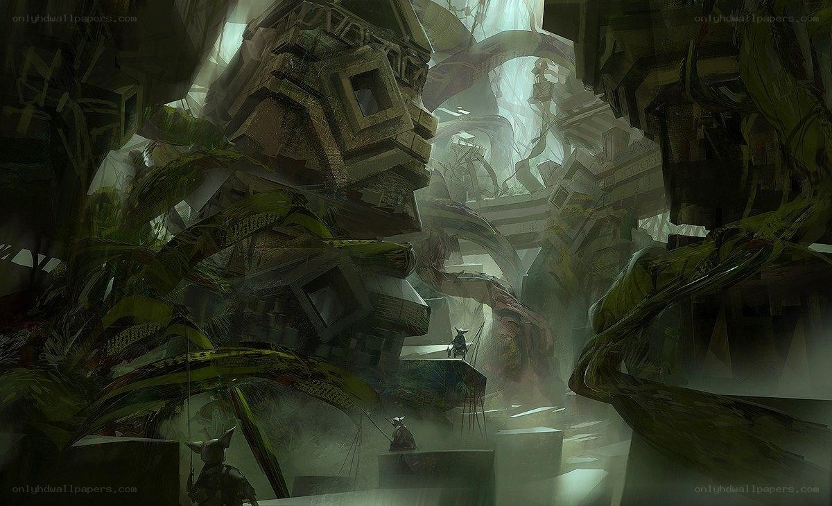 ruined temple overgrown with vines