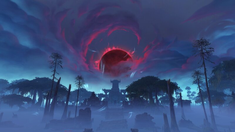 Ruined Temple under Red Sun