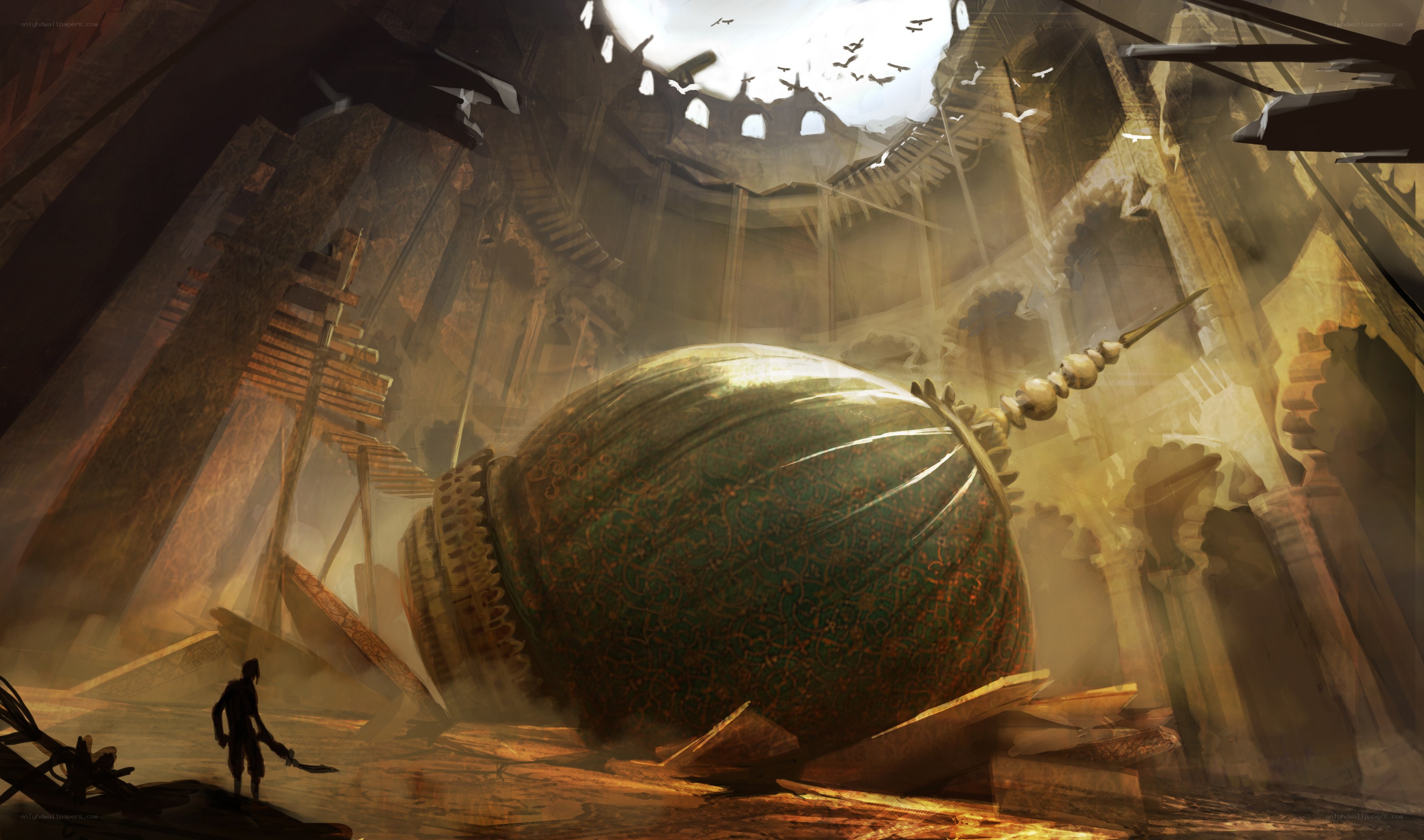 Ruined temple with giant artifact