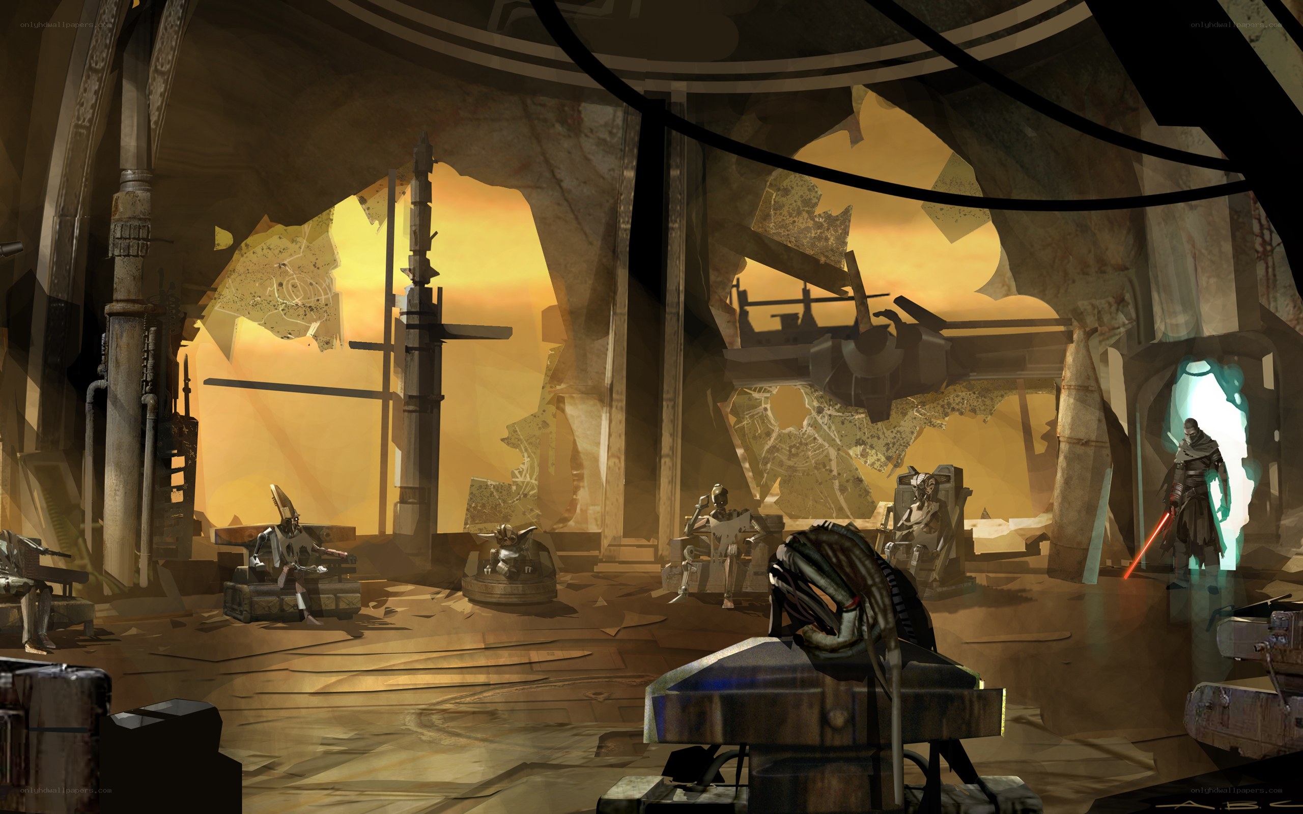 ruined temple with lightsabers
