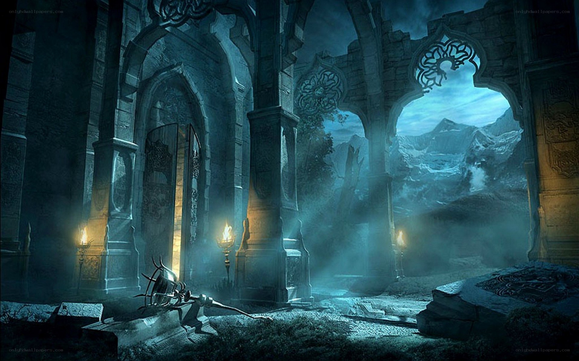 ruined temple with mountain view