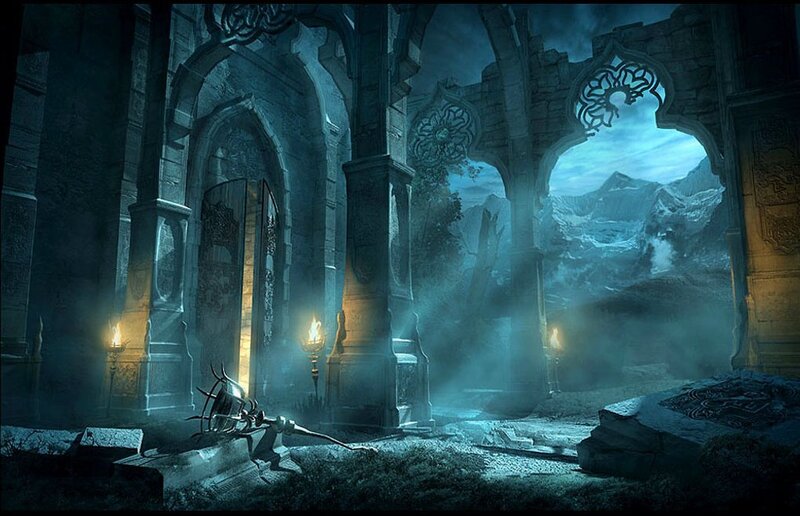 ruined temple with mountain view