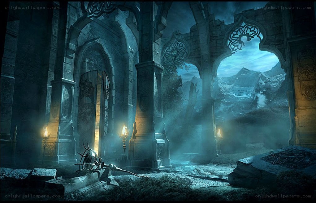ruined temple with mountain view
