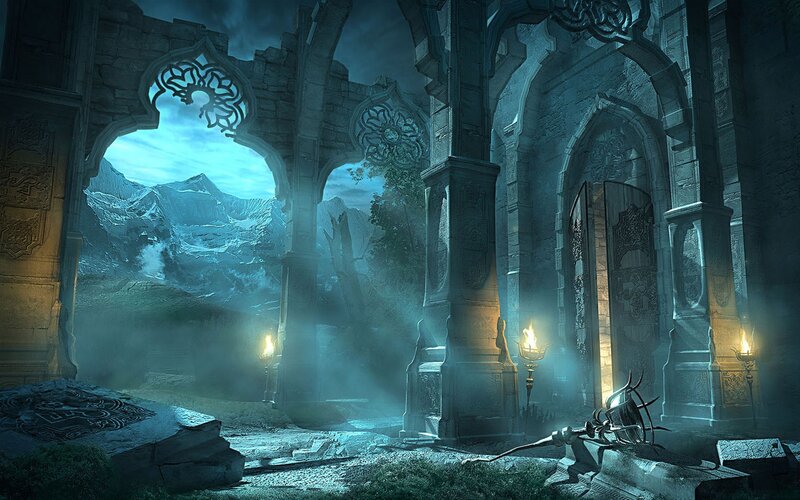 ruined temple with mountains