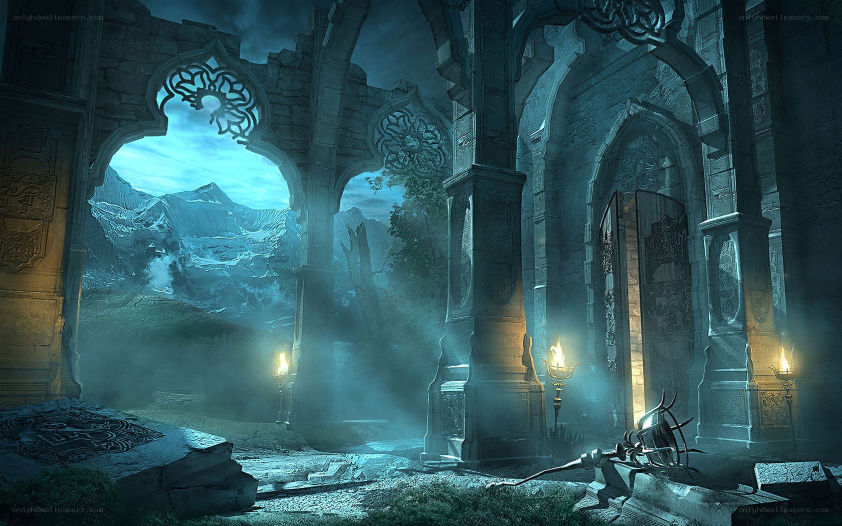 ruined temple with mountains
