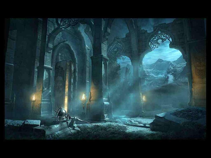 ruined temple with mountains