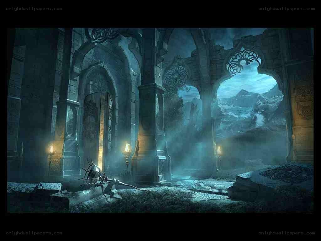 ruined temple with mountains