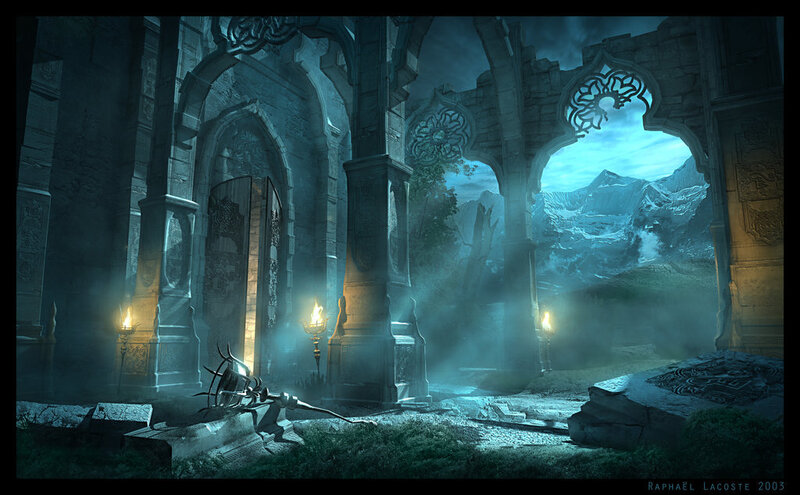 ruined temple with mountains