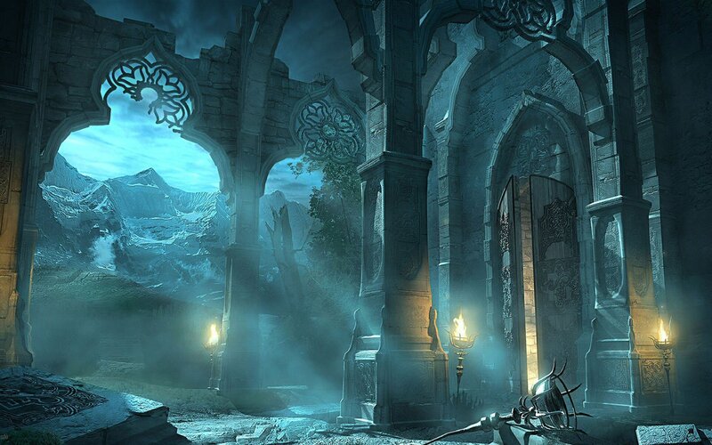 ruined temple with mountains