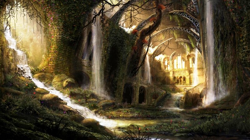 Ruined Temple with Waterfall — Green