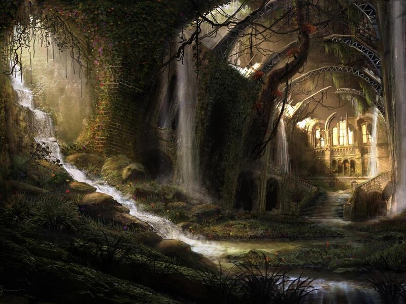 Ruined Temple with Waterfall
