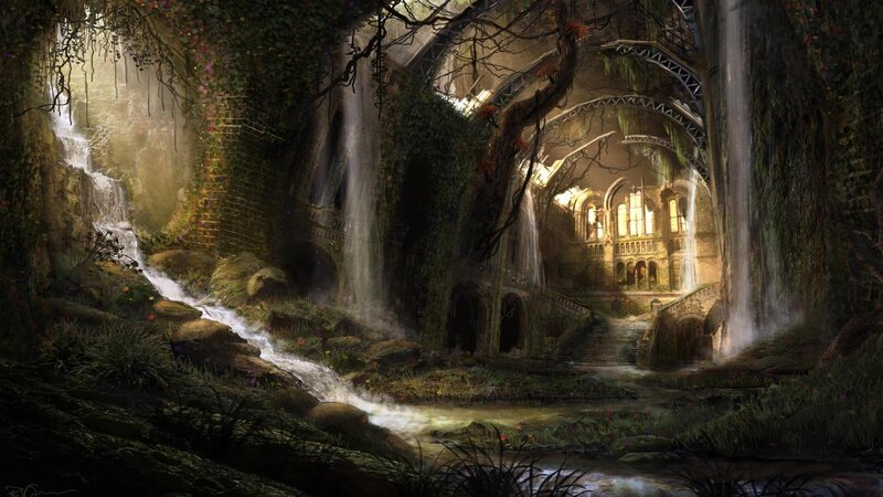 Ruined Temple with Waterfalls — Green