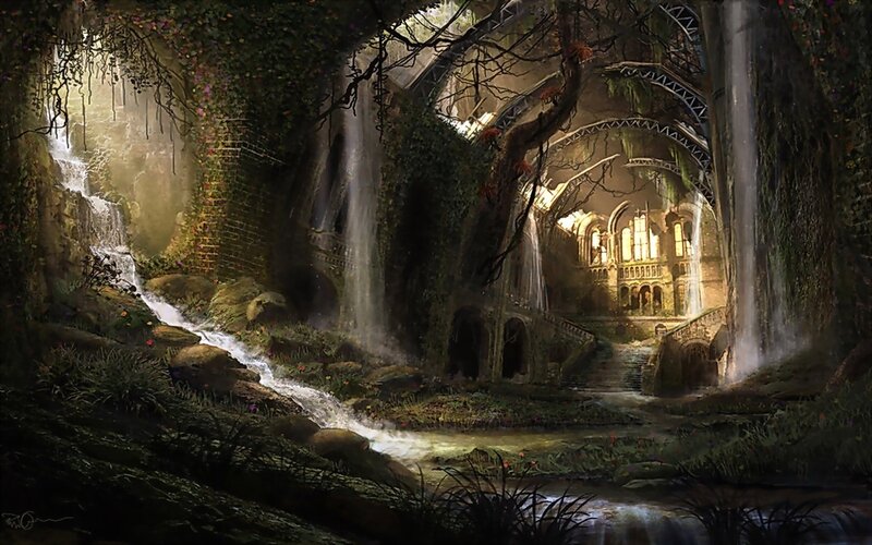 Ruined temple with waterfalls