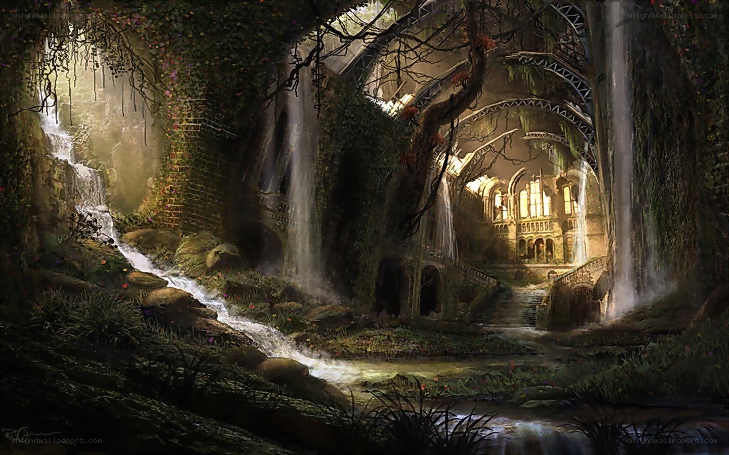 Ruined temple with waterfalls