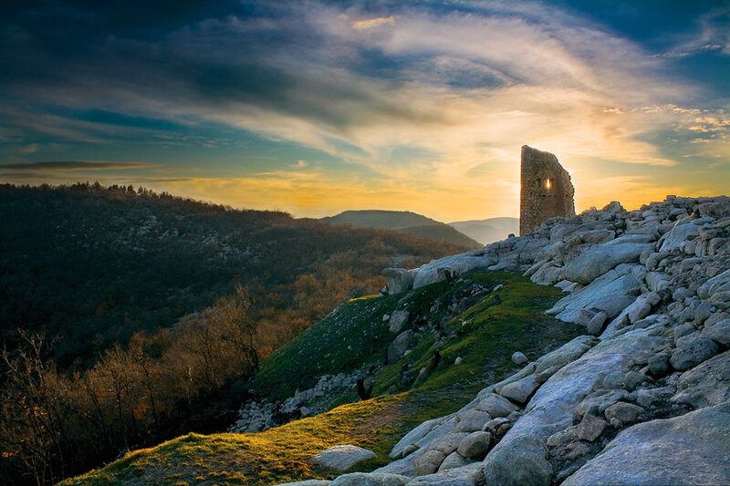 Ruined Tower at Sunset — Blue