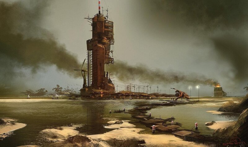 Ruined Tower by Water — Brown