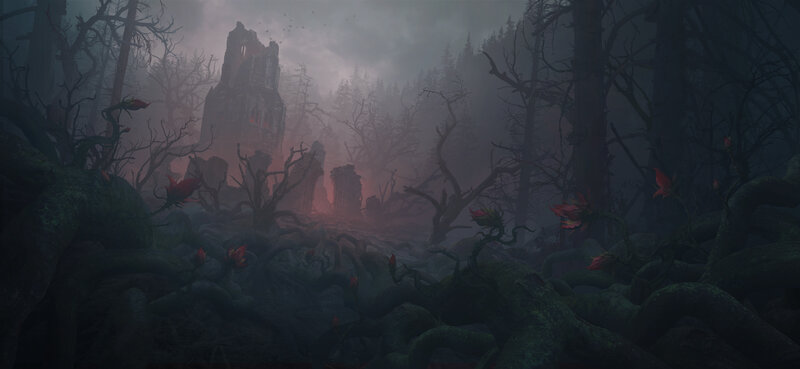 Ruined Tower in Forest — Green, Dark