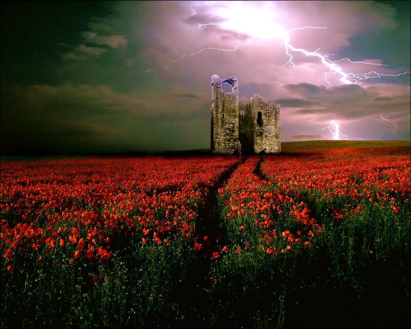 Ruined Tower in Poppy Field — Red, Dramatic
