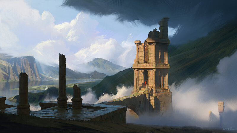 Ruined Tower on Cliff — Blue, Dramatic