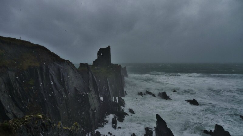Ruined Tower on Cliff — Gray, Dramatic