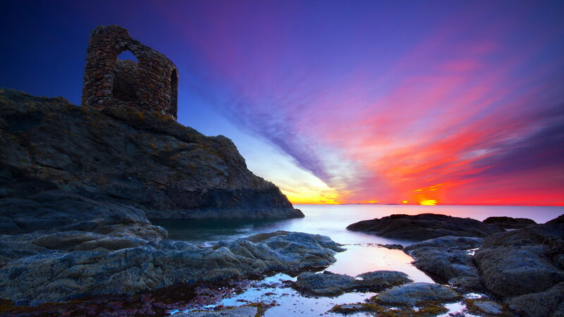 Ruined Tower on Cliff — Purple, Dramatic