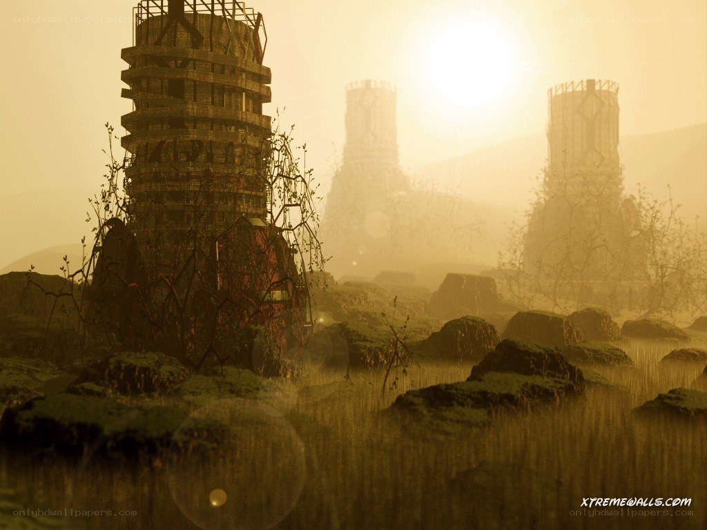 ruined towers at sunrise