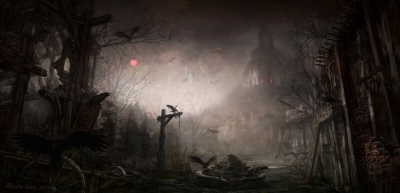 Ruined Town at Night — Black, Dark