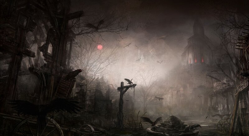 Ruined Village at Night — Gray, Dark