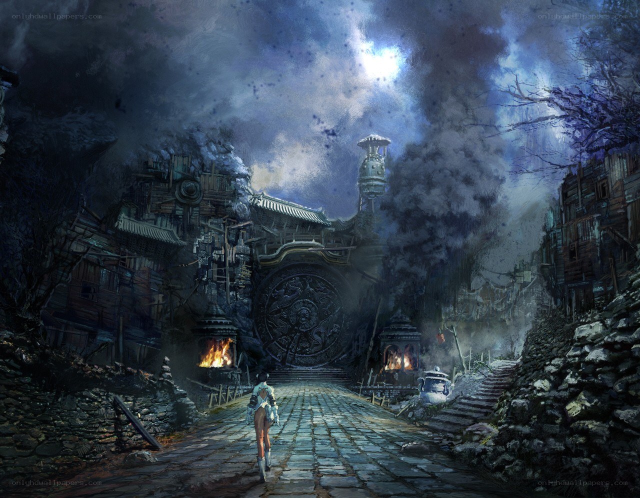 ruined village under moonlight