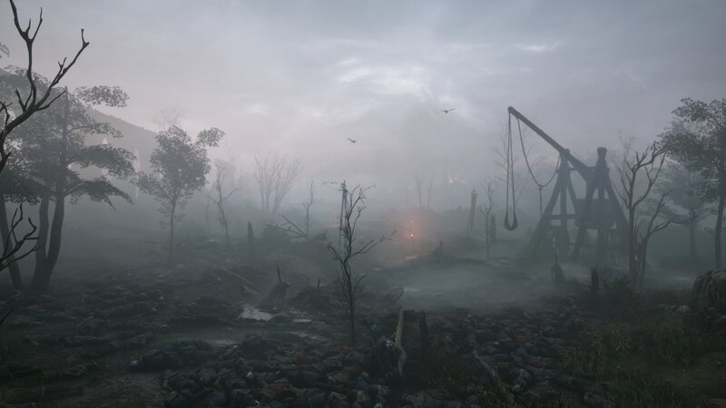 Ruined Village with Crane