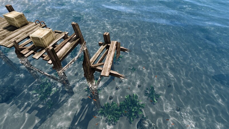 ruined wooden pier underwater